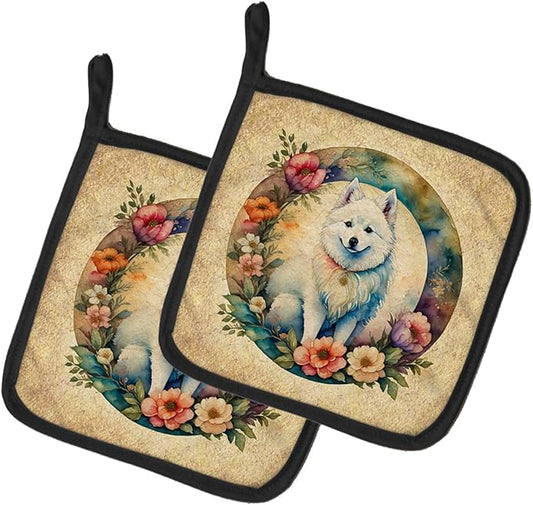 Caroline's Treasures American Eskimo and Flowers Pair of Pot Holders Kitchen Heat Resistant Pot Holders Sets Oven Hot Pads for Cooking Baking BBQ, 7 1/2 x 7 1/2