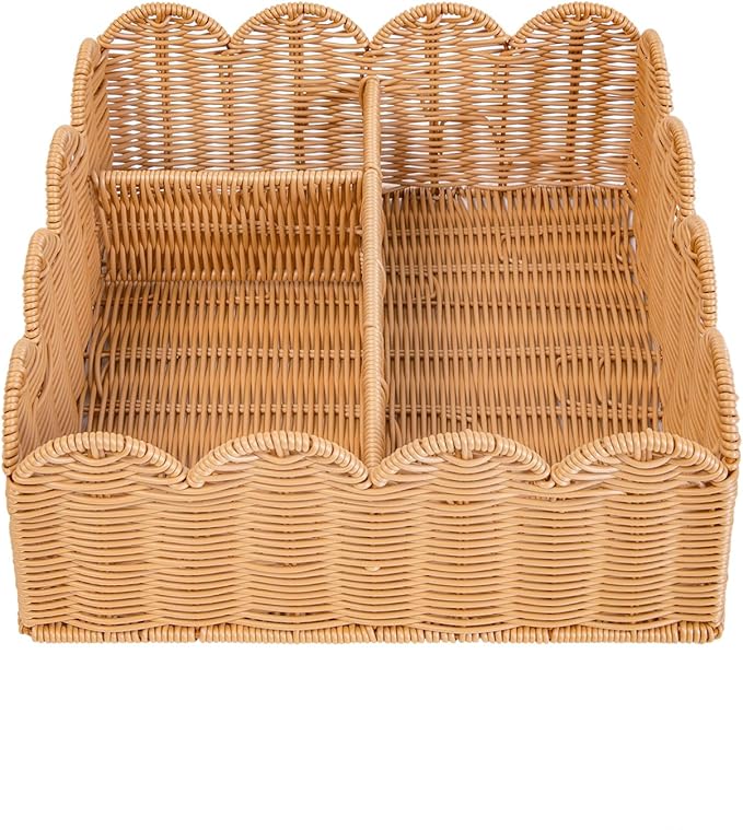 Rattan Divided Scalloped Basket,Wicker Diaper Caddy Scalloped Baske,Woven Natural Basket with 4 Dividers,Suitable for Baby Rooms, Bathrooms, Bedrooms (Imitation Rattan)