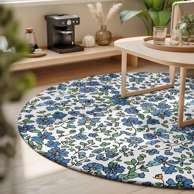 Washable Round Area Rug Blue Tiny Flowers Green Leaves Circle Rugs Floor Carpet for Living Room Bedroom, Farmhouse Botanical Soft Non Slip Round Rug 3ft