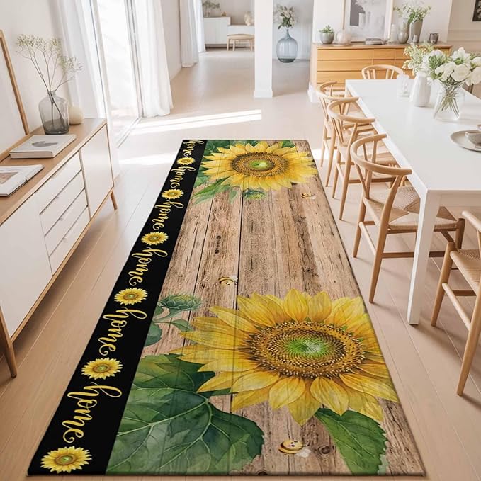 Runner Rug for Bedroom Hallway, Summer Sunflowers Bees Kitchen Runner Rugs Area Rug 2x6ft, Farmhouse Wood Background Washable Soft Floor Carpet for Entryway Stair