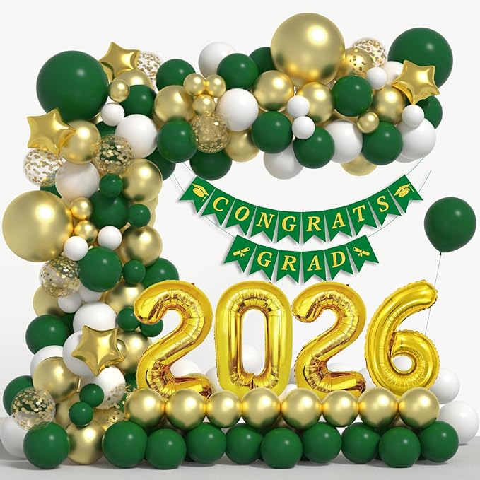 Graduation Decorations Class of 2026: Green and Gold Graduation Balloon Arch Garland Kit and Gold Confetti Balloons Congrats Grad Banner 2026 Foil Balloon Decorations For Grad Party