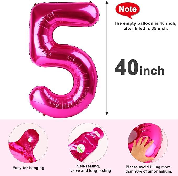 Balloon Numbers 40 Inch 5 Ballon for 5th Birthday Decorations, 15 25 35 50 Big Hot Pink Number Balloons for Wedding Photo Shoot Party Decor