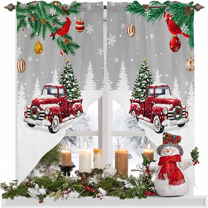 Red Christmas Truck Swag Valance Curains Winter Car with Xmas Tree Leaf Bird Grey Rod Pocket Kitchen Curtains Scalloped Window Treatment Valances Swag for Living Room Bedroom, 1 Pair, 28" W x 36" L