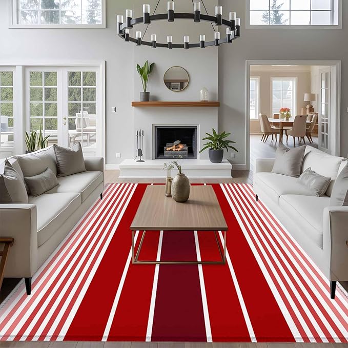 Area Rug 6x9ft, Abstract Gradient Red White Stripes Washable Rugs for Living Room Bedroom, Ombre Modern Art Soft Non-Slip Area Rugs Rectangle Floor Carpet for Dining Room