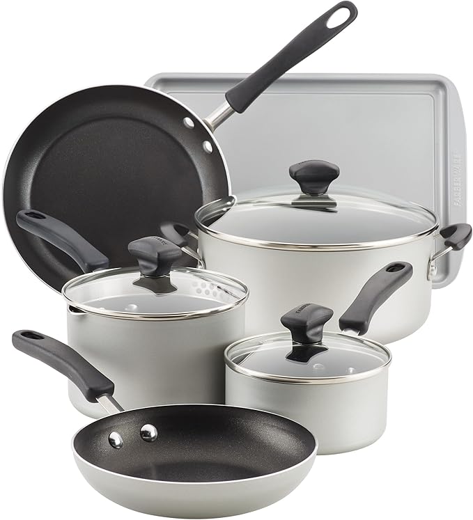 Farberware Cookstart DiamondMax Nonstick Cookware/Pots and Pans Set, Dishwasher Safe, Includes Baking Pan and Cooking Tools, 15 Piece - Silver
