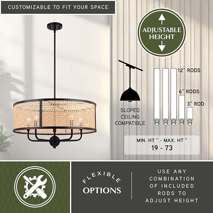 VAXCEL Berens 5 Light Matte Black Modern Farmhouse Drum Pendant Fixture with Rattan Cane Shade