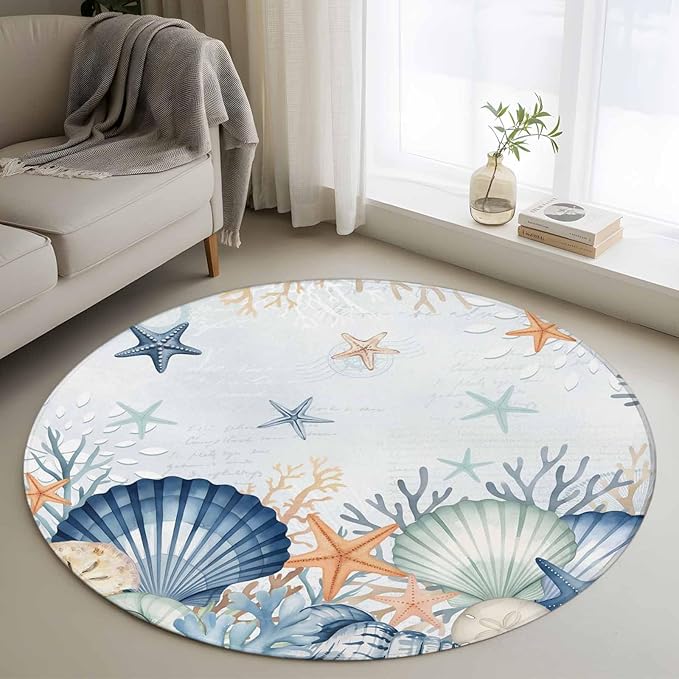 Washable Round Area Rug Underwater Shells Starfish on Blue Circle Rugs Floor Carpet for Living Room Bedroom, Colorful Coral Soft Non Slip Round Rug 3ft
