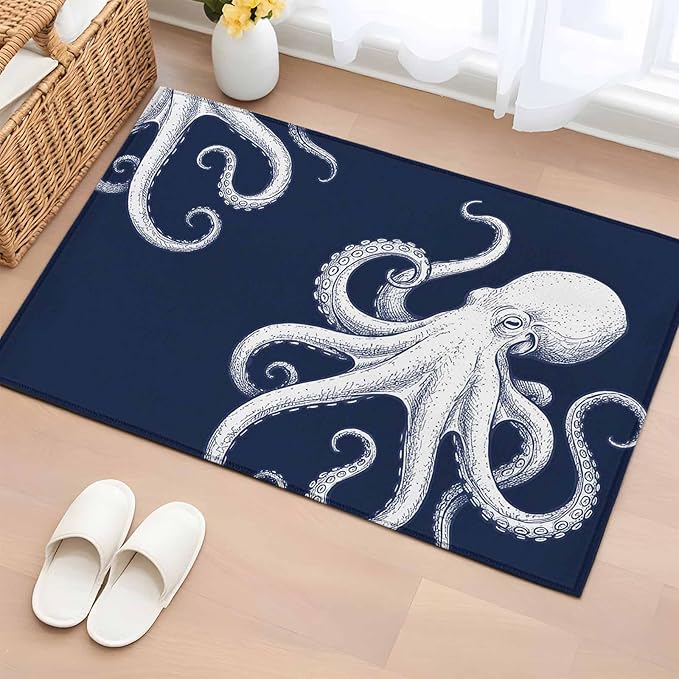 Area Rug 2x3ft, Underwater Ocean Giant Octopus Washable Rugs for Living Room Bedroom, Navy Blue White Marine Life Soft Non-Slip Area Rugs Rectangle Floor Carpet for Dining Room