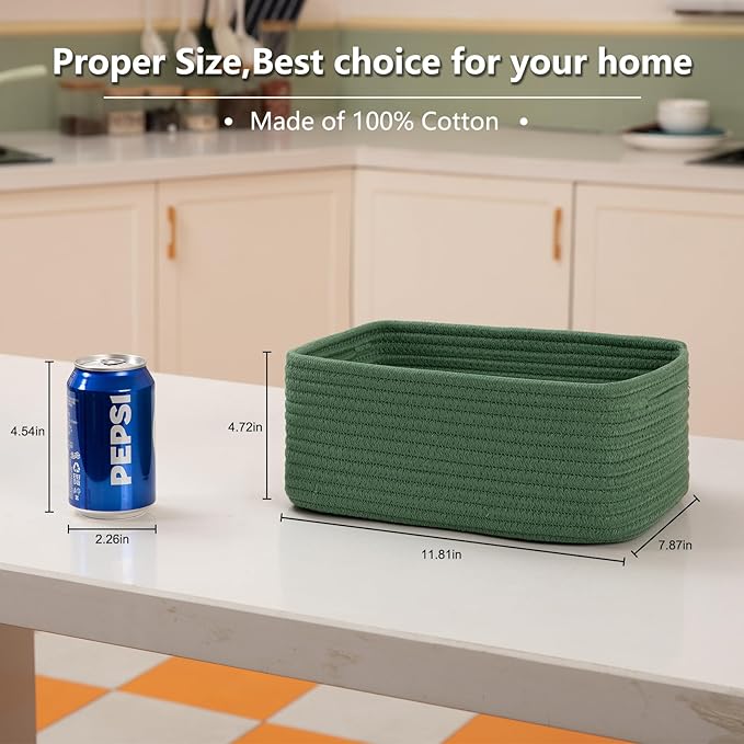 OIASKET 4 Pack Small Storage Shelf Baskets for Organizing, Mini Woven Rope Storage Bins for Towels, Cute Decorative Closet Organizer，Baby Nursery, Gift Empty Baskets -11.81''Lx7.87''Wx4.72''H-Green