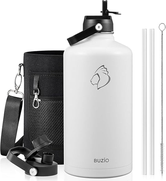 BUZIO Gallon Water Bottle Insulated, 128 oz Large Water Jug Vacuum Stainless Steel Big Metal Flask (Cold for 48 Hrs), Leak Proof & BPA-Free, with Straw and Spout Lids, White