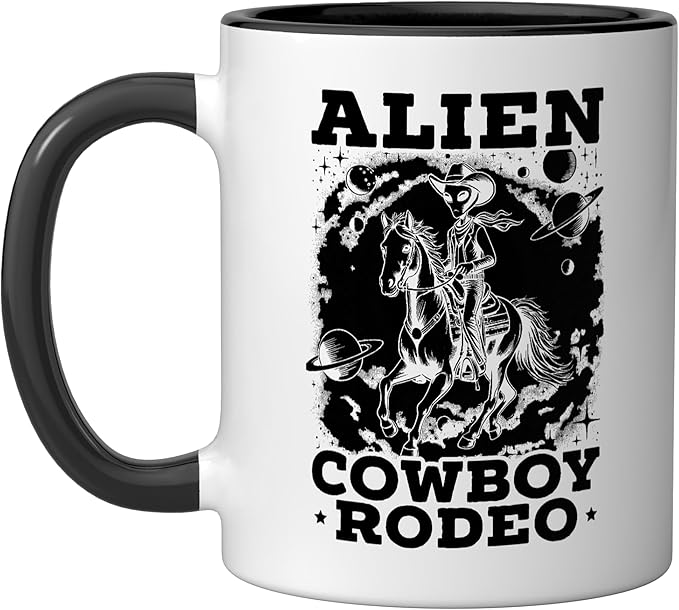 Alien Lover Flying Saucer UFO Extraterrestrial Cowboy Ceramic Mug, Black/White