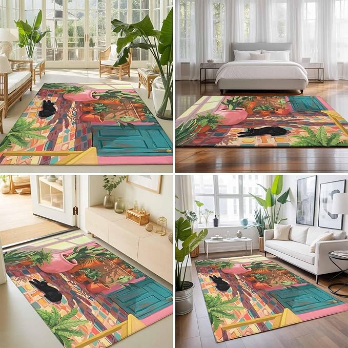 Area Rug 8x10ft, Sleeping Cat Pink Sunlit Room Washable Rugs for Living Room Bedroom, Potted Plants Soft Non-Slip Area Rugs Rectangle Floor Carpet for Dining Room