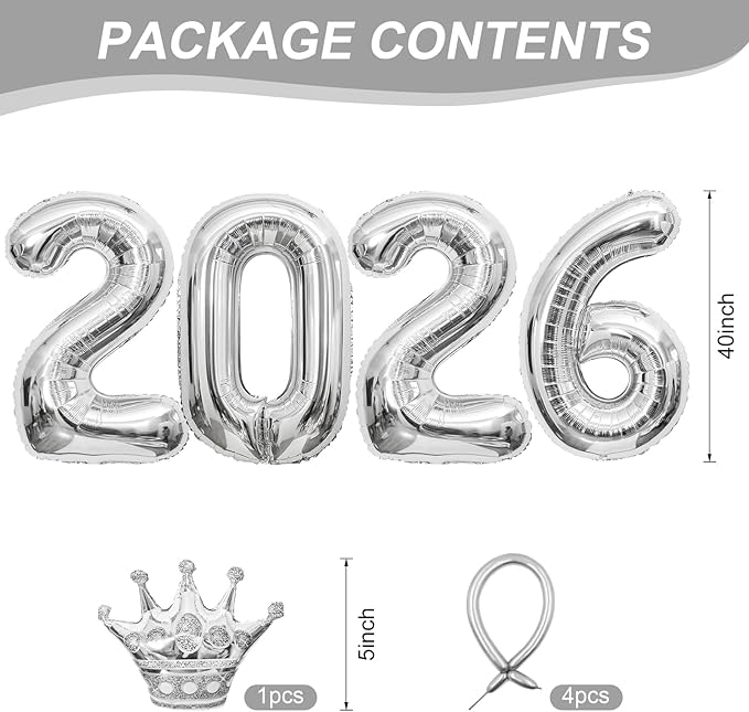 2026 Balloons Silver,40 Inch 2026 Number Balloons with Foil Crown Balloons for Happy New Year Decorations New Years Eve 2026 Graduation Decorations Class of 2026 Party Supplies