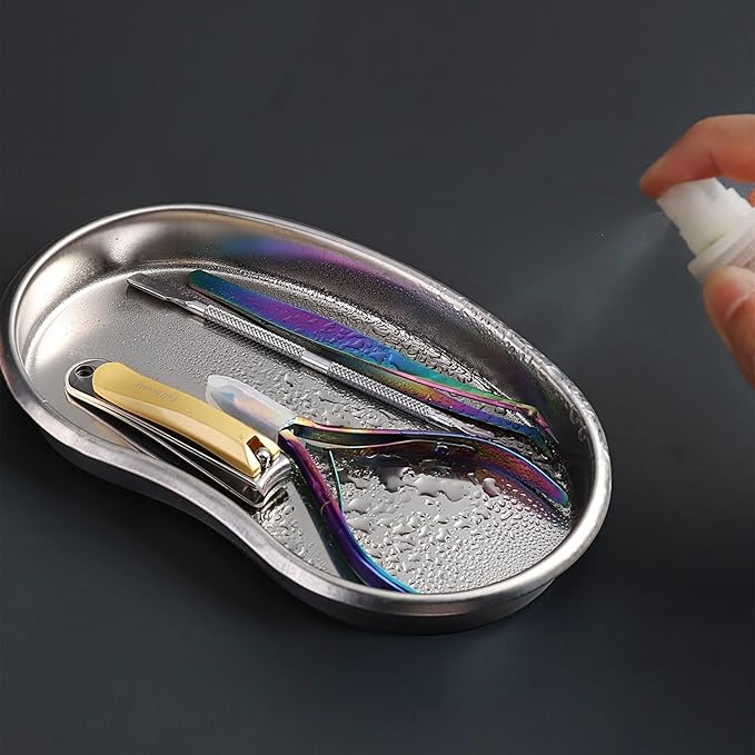 SUTOKAKA Decorative Serving Tray, Manicure Tools Storage Dish, Perfume Jewelry Dinner Placing Plate for Bedroom Kitchen Salon Supplies (Stainless Steel - 3PC, Mixed Size)