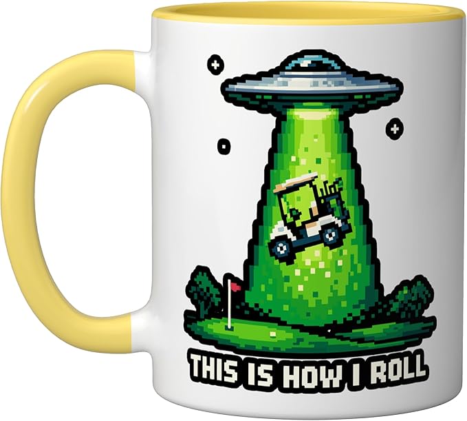 This Is How I Roll Golf UFO Abduction Funny Pixel Art Ceramic Mug, Yellow/White