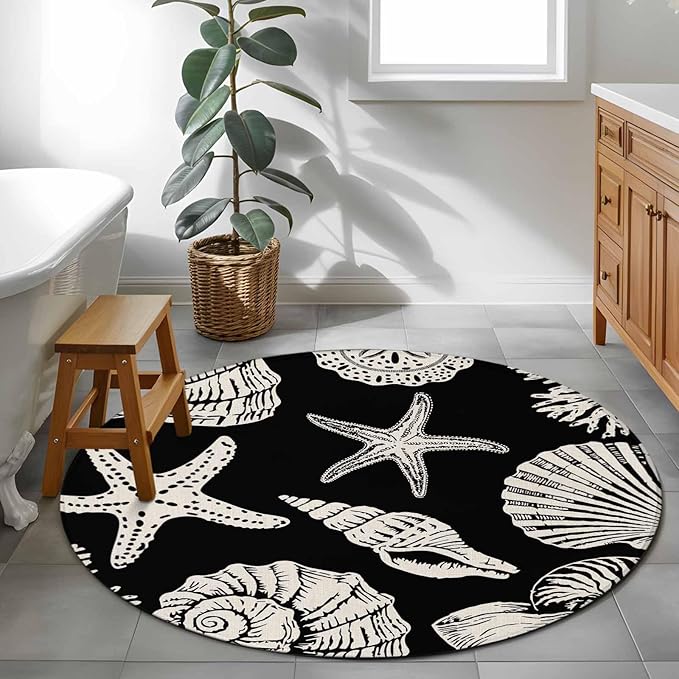Washable Round Area Rug Marine Starfish Shell Conch Circle Rugs Floor Carpet for Living Room Bedroom, Ocean Life on Black Soft Non Slip Round Rug 3ft