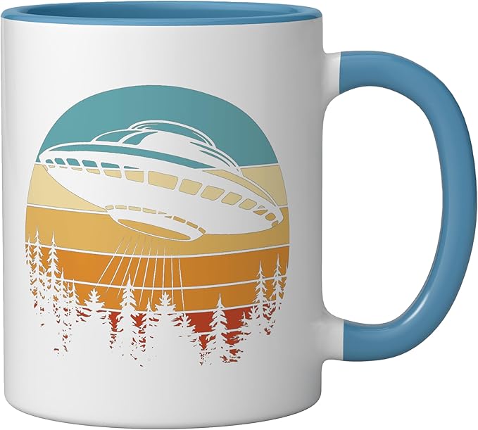 Alien UFO Flying Saucer Abduction Retro Ceramic Mug, Blue/White