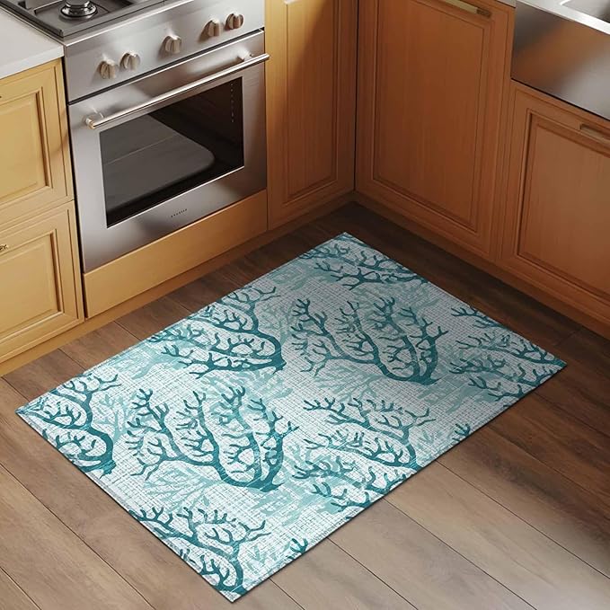 Area Rug 2x3ft, Coastal Sea Coral Retro Linen Washable Rugs for Living Room Bedroom, Underwater Ocean Life Soft Non-Slip Area Rugs Rectangle Floor Carpet for Dining Room