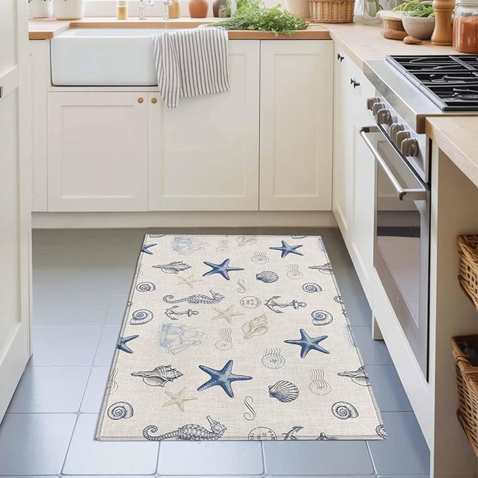 Area Rug 2x3ft, Coastal Seahorse Starfish Shell Conch Washable Rugs for Living Room Bedroom, Vintage Nautical Anchor Soft Non-Slip Area Rugs Rectangle Floor Carpet for Dining Room