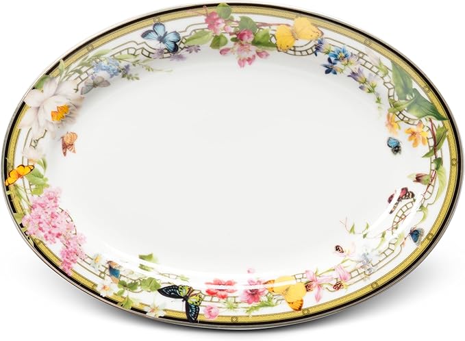 Abbott Collection Butterfly Garden Oval Plate - Bone China, White/Green (5.5x7.5"L)