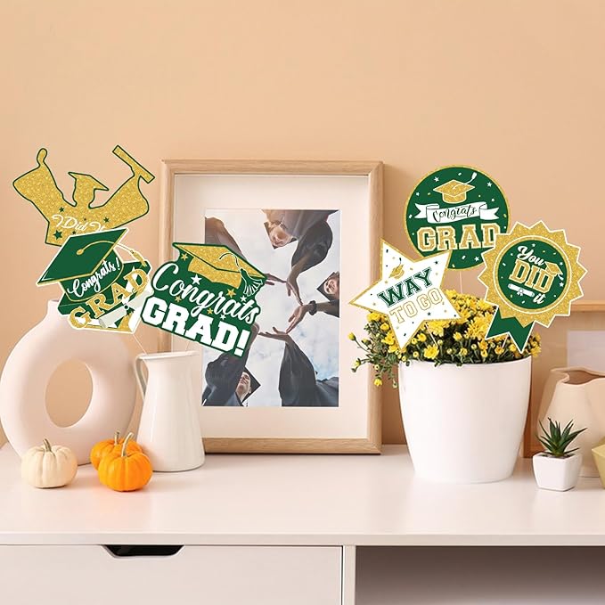 2026 Graduation Party Decorations - 24 Pcs Class of 2026 Congrats Grad Table Centerpieces Graduation Table Decorations Sticks Table Toppers for Graduation Party (Green Gold)