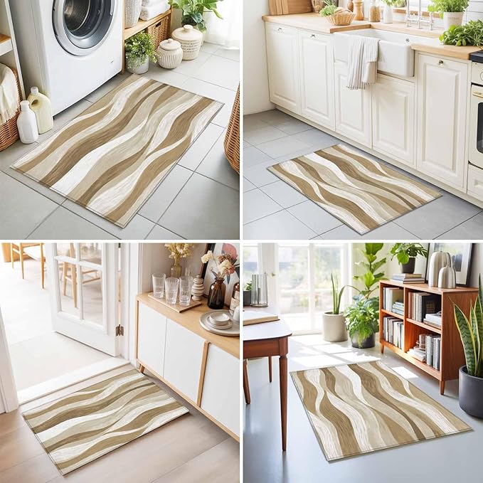 Area Rug 2x3ft, Modern Brown Ombre Ocean Wave Washable Rugs for Living Room Bedroom, Abstract Gradient Stripe Soft Non-Slip Area Rugs Rectangle Floor Carpet for Dining Room