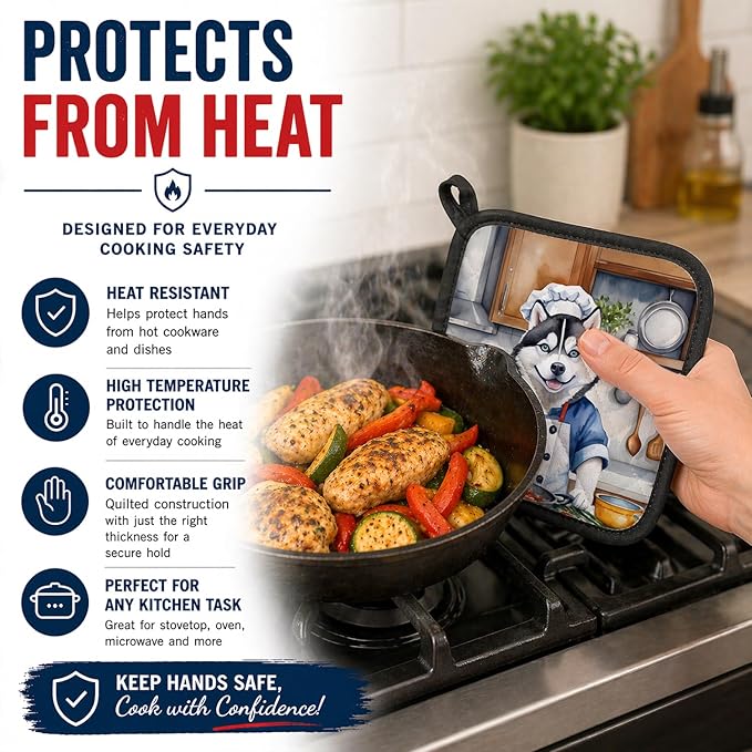Caroline's Treasures Siberian Husky The Chef Pair of Pot Holders Kitchen Heat Resistant Pot Holders Sets Oven Hot Pads for Cooking Baking BBQ, 7 1/2 x 7 1/2