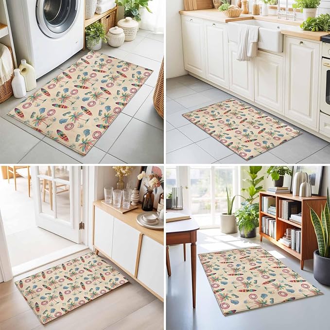Area Rug 2x3ft, Summer Surfboard Coconut Tree Washable Rugs for Living Room Bedroom, Coastal Vintage Plants Soft Non-Slip Area Rugs Rectangle Floor Carpet for Dining Room