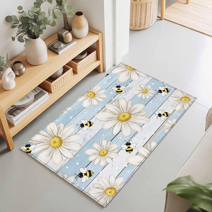 Area Rug 2x3ft, Watercolor White Daisy Floral Bee Washable Rugs for Living Room Bedroom, Rustic Light Blue Wood Plank Soft Non-Slip Area Rugs Rectangle Floor Carpet for Dining Room