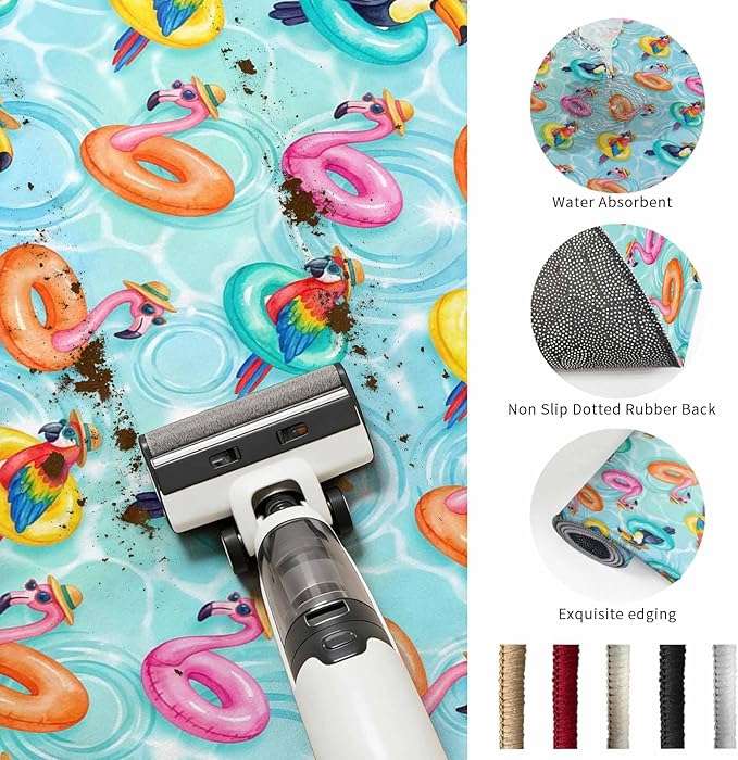 Washable Round Area Rug Summer Pool Float Swim Rings Circle Rugs Floor Carpet for Living Room Bedroom, Tropical Flamingo Birds Soft Non Slip Round Rug 3ft