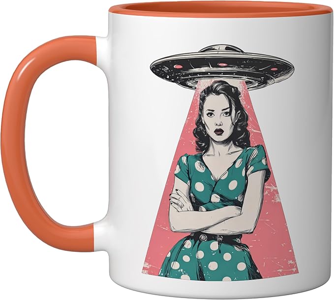 Retro 1950s UFO Abduction Woman Sci Fi Alien Ceramic Mug, Orange/White