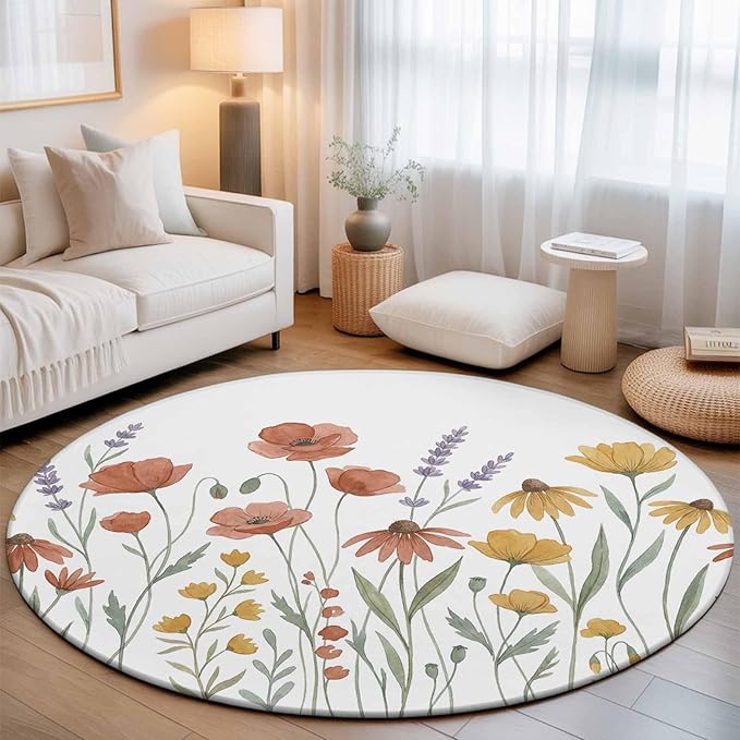 Washable Round Area Rug Watercolor Daisies Lavender Circle Rugs Floor Carpet for Living Room Bedroom, Country Floral Art Soft Non Slip Round Rug 3ft