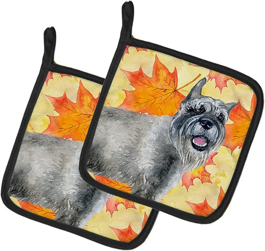 Caroline's Treasures BB9923PTHD Schnauzer Fall Pair of Pot Holders, Yellow Kitchen Heat Resistant Pot Holders Sets Oven Hot Pads for Cooking Baking BBQ, 7 1/2 x 7 1/2