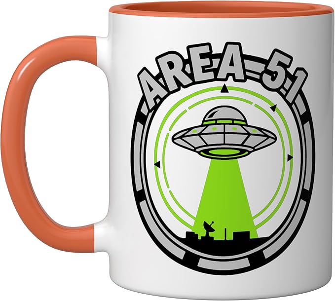 Area 51 UFO Alien Conspiracy Flying Saucer Design Ceramic Mug, Orange/White