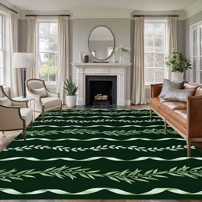 Area Rug 9x12ft, Botanical Leaves Green Ribbons Washable Rugs for Living Room Bedroom Rectangle Floor Carpet, Summer Foliage Plant Soft Non-Slip Area Rugs for Dining Room
