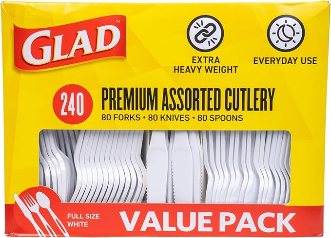 Glad White Disposable Cutlery Set with Heavy Duty Plastic Forks, Knives, and Spoons, Reusable Dishwasher Safe Plastic Utensils for Parties and Everyday Use, 240 Count