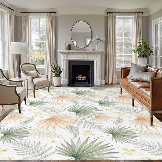 Area Rug 8x10ft, Boho Tropical Palm Washable Rugs for Living Room Bedroom, Watercolor Seamless Background Soft Non-Slip Area Rugs Rectangle Floor Carpet for Dining Room