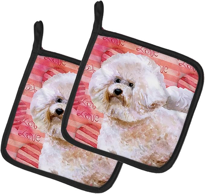 Caroline's Treasures BB9792PTHD Bichon Frise #2 Love Pair of Pot Holders, Red Kitchen Heat Resistant Pot Holders Sets Oven Hot Pads for Cooking Baking BBQ, 7 1/2 x 7 1/2