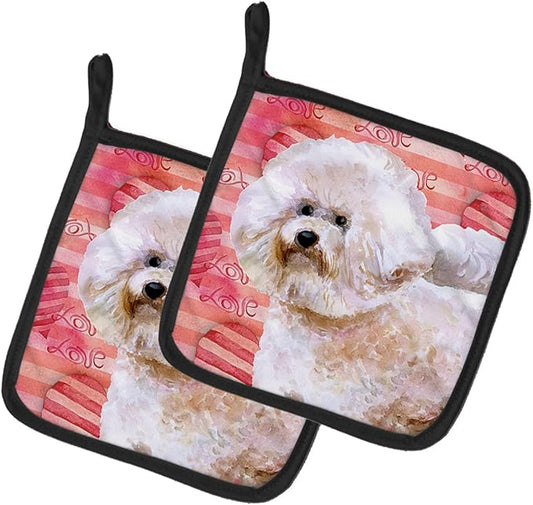 Caroline's Treasures BB9792PTHD Bichon Frise #2 Love Pair of Pot Holders, Red Kitchen Heat Resistant Pot Holders Sets Oven Hot Pads for Cooking Baking BBQ, 7 1/2 x 7 1/2
