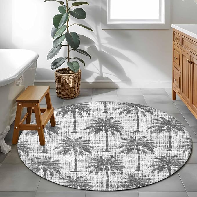 Washable Round Area Rug Summer Palm Tree Retro Linen Circle Rugs Floor Carpet for Living Room Bedroom, Tropical Gray Botanical Soft Non Slip Round Rug 3ft