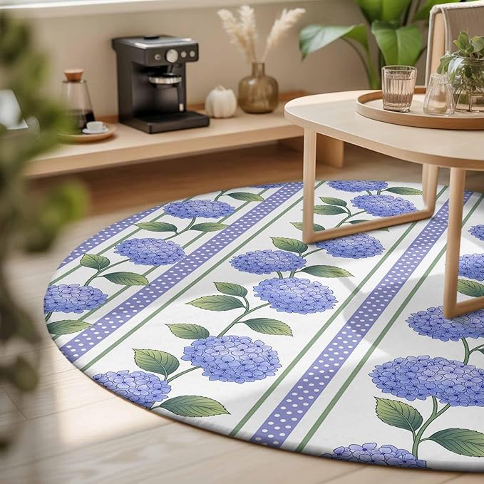 Washable Round Area Rug Garden Purple Hydrangea Flower Circle Rugs Floor Carpet for Living Room Bedroom, Watercolor Floral Leaves Soft Non Slip Round Rug 3ft