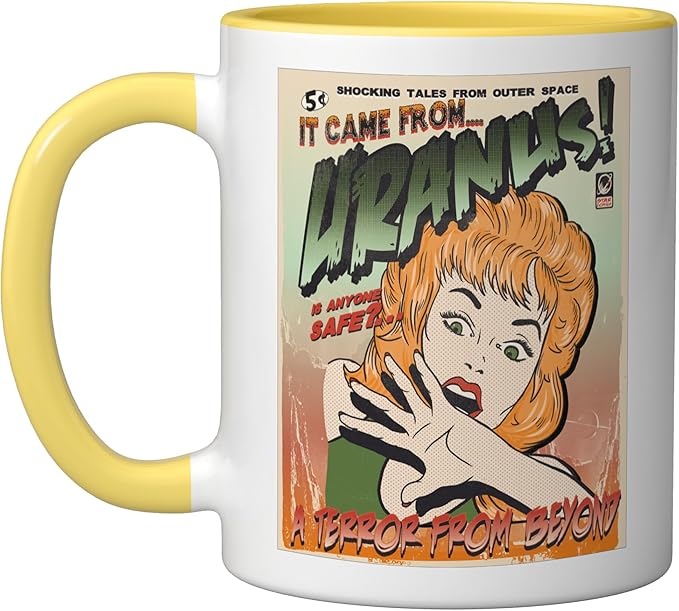 Ufo Flying Saucer Invasion 1950's Sience Fiction Abduction Ceramic Mug, Yellow/White