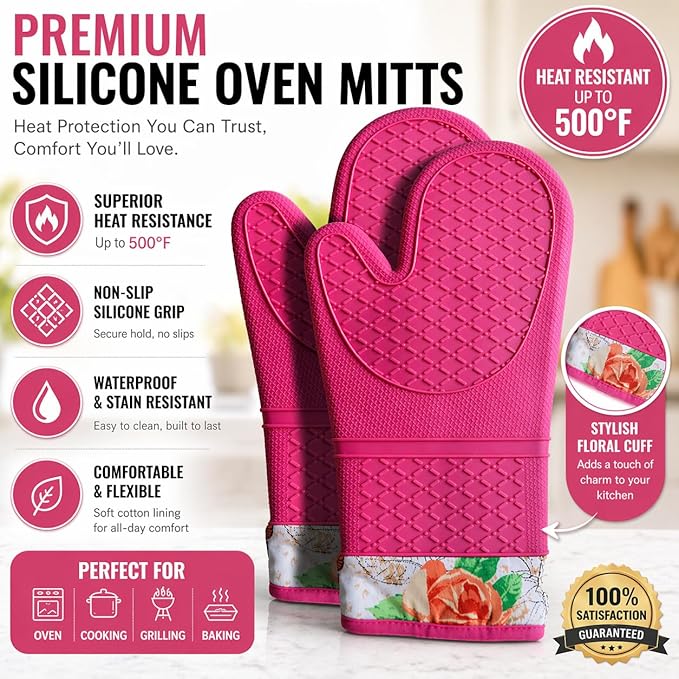 Pair of 2 Heat-Resistant Silicone Oven Mitts – Extra Long, Non-Slip Grip, Soft Cotton Lining, Perfect for Baking, Cooking & BBQ – 13” x 7” Kitchen Gloves (Pink Rose)