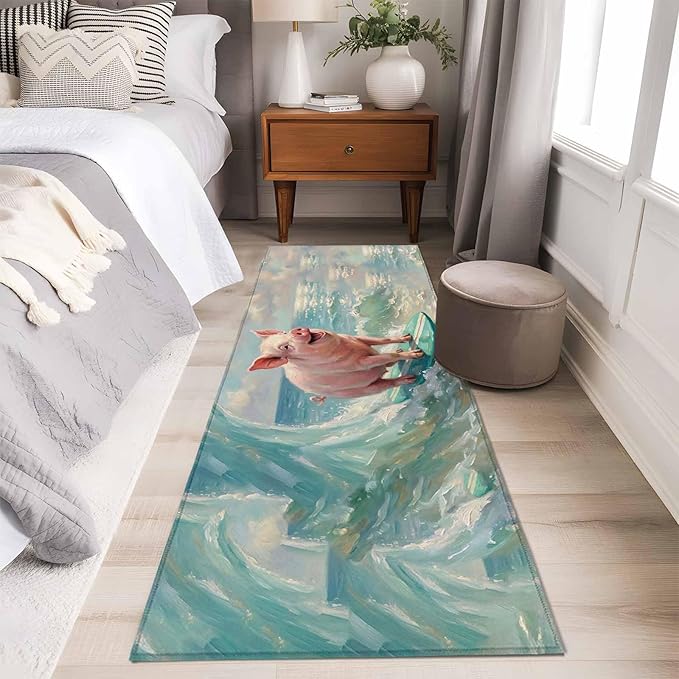 Runner Rug for Bedroom Hallway, Surfing Farm Pink Pig Kitchen Runner Rugs Area Rug 2x6ft, Summer Blue Sea Wave Beach Washable Soft Floor Carpet for Entryway Stair