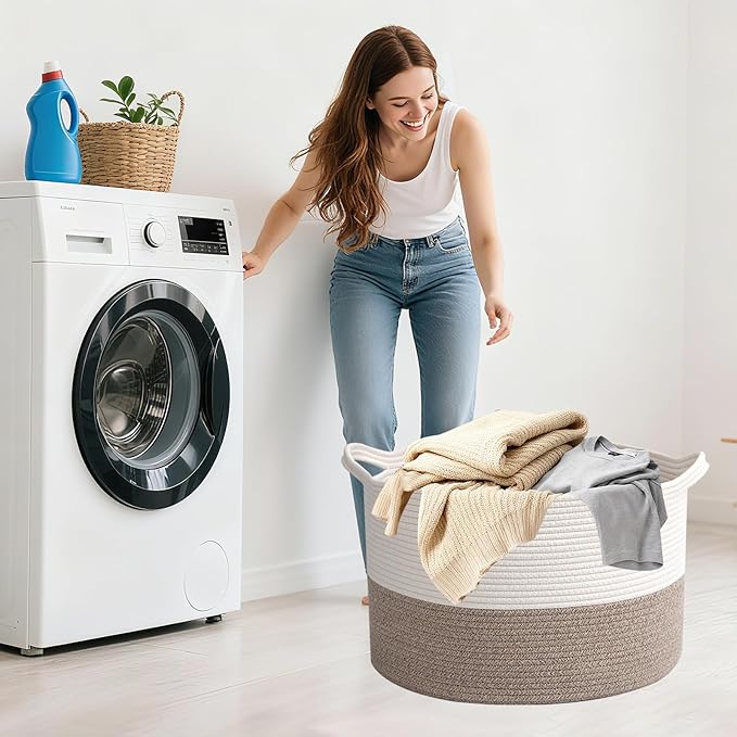 90L Extra Large Blanket Basket,Woven Rope Laundry Basket Hamper with Handles, Decorative Nursery Basket Storage Bin for Toys, Clothes Organizer, Living Room, Bedroom, Bathroom, White & Brown