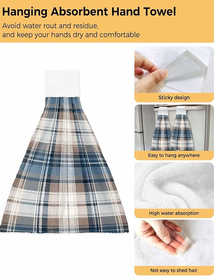 Alandar Home Kitchen Tie Towel Set of 2, Vintage Geometric Plaid Absorbent Soft Hand Towels for Bathroom Hanging Towels, Blue Brown Color Block Fast Drying Cleaning Cloth with Loop