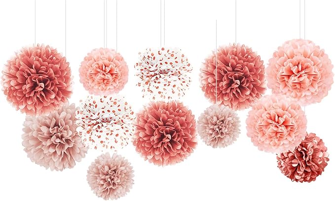 NICROLANDEE Wedding Decorations - 12 PCS Rose Gold Tissue Paper Pom Poms for Engagement Party Wedding Birthday Bridal Shower Bachelorette Baby Shower Ceiling Valentine's Day Party Backdrop Decor