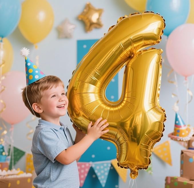Gold 4 Balloon Number for 4th Birthday Decorations, 40 Inch Big Number Balloons for 4 14 40 Anniversaries Celebration Graduation Wedding