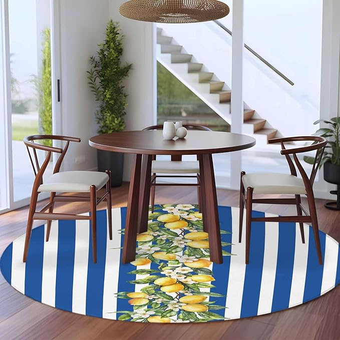 Washable Round Area Rug Summer Lemon Green Leaves Watercolor Circle Rugs Floor Carpet for Living Room Bedroom, Blue Stripe Soft Non Slip Round Rug 5ft