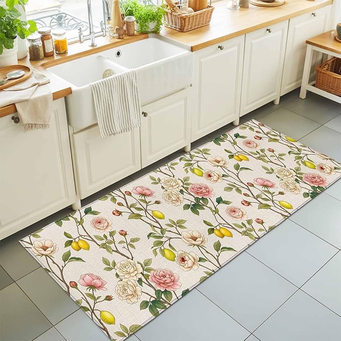 Runner Rug for Bedroom Hallway, Farmhouse Blossom Flower Leaf Lemon Kitchen Runner Rugs Area Rug 2x6ft, Summer Retro Floral Fruit Washable Soft Floor Carpet for Entryway Stair